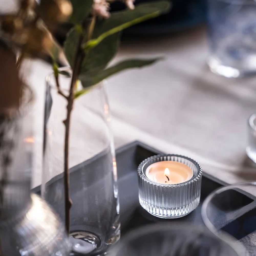 Set of 2 Glass Tea Light Candle Holders Ribbed